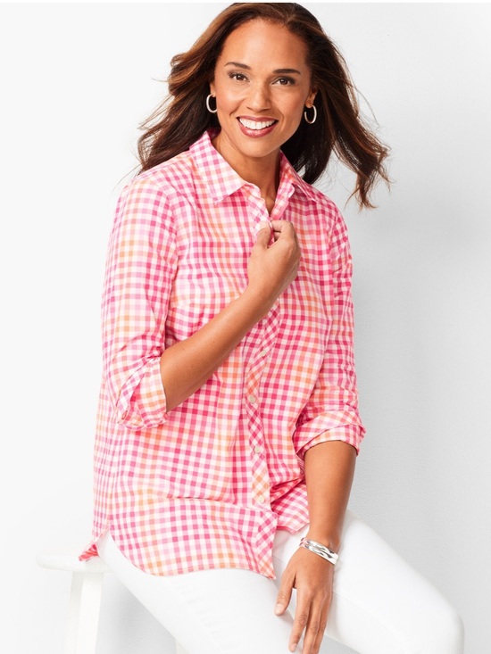 Talbots Tops - Talbots Pink Orange and White Gingham‎ Button-Down Shirt Size Medium